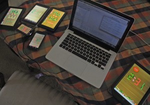Picture of laptop computer surrounded by mobile devices
